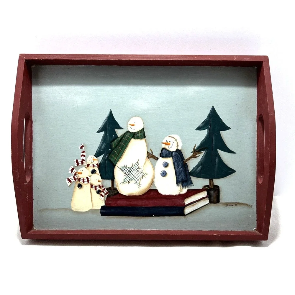 Vtg Hand Painted Wood Tray Snowmen Trees Books Signed Dated Jennie 01 Seasonal